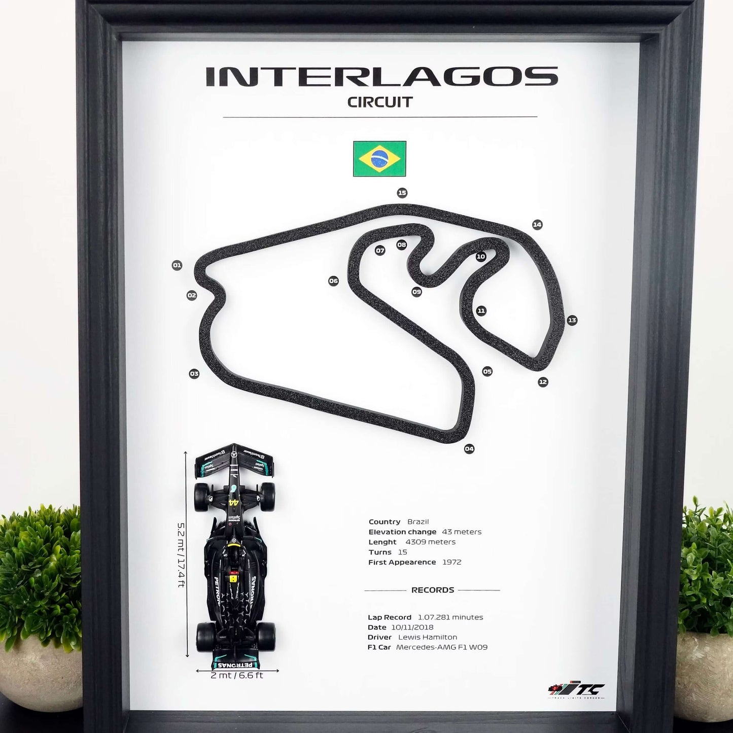 F1 Frame with Car and 3D Track | F1 Wall Art | 40x30cm | Corners Numbers