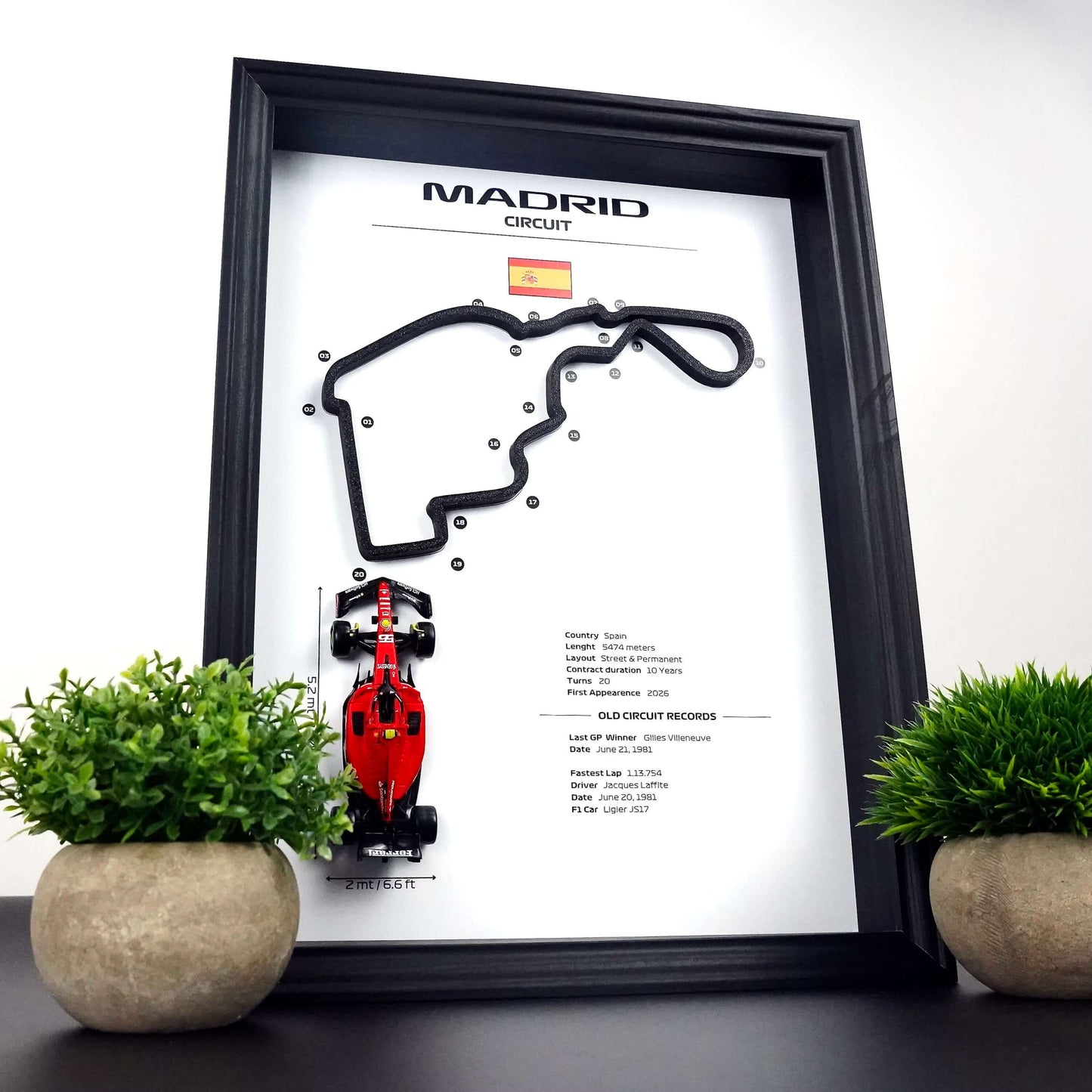 F1 Frame Madrid 2026 with Car and 3D Track | F1 Wall Art | 40x30cm | Madrid Corners Numbers