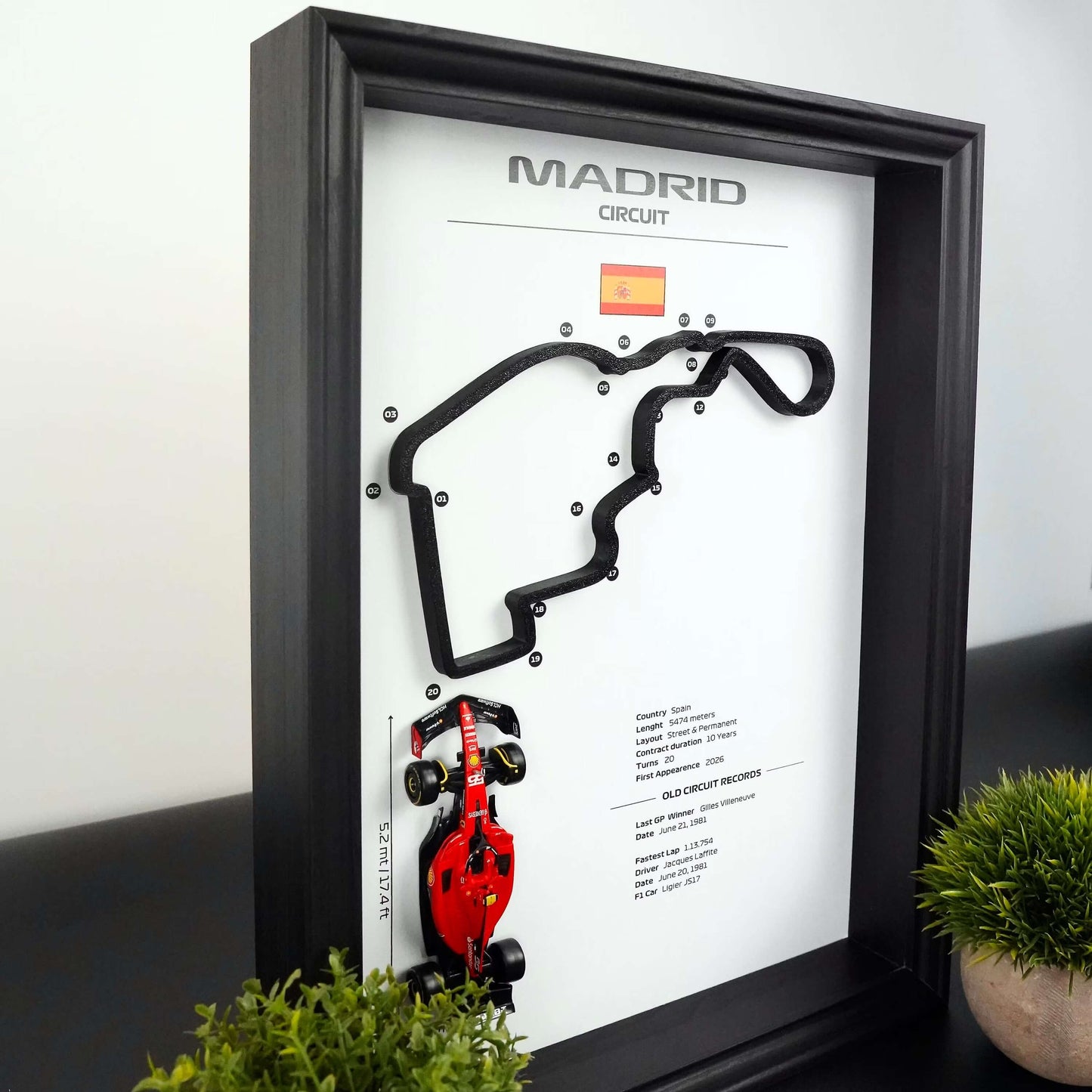 F1 Frame Madrid 2026 with Car and 3D Track | F1 Wall Art | 40x30cm | Madrid Corners Numbers